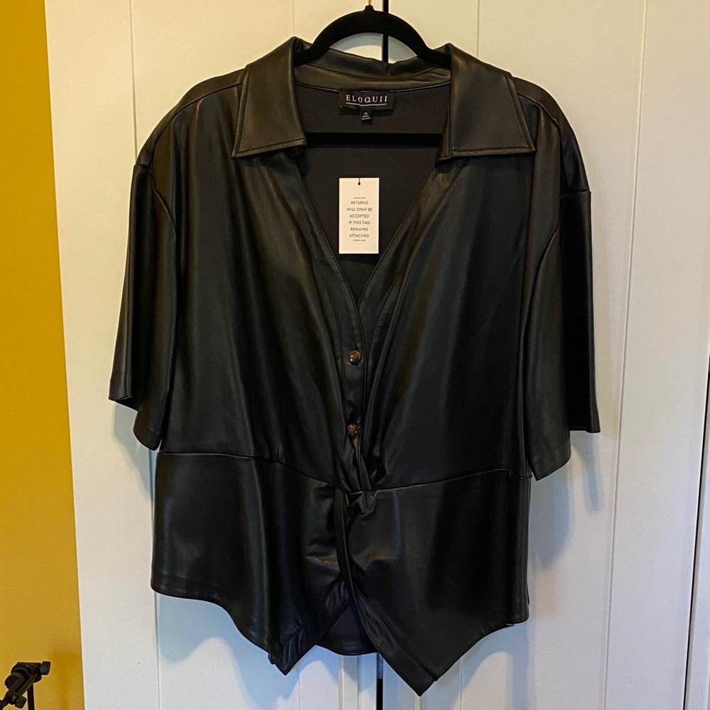 Eloquii Black Button Down Faux Leather Shirt
